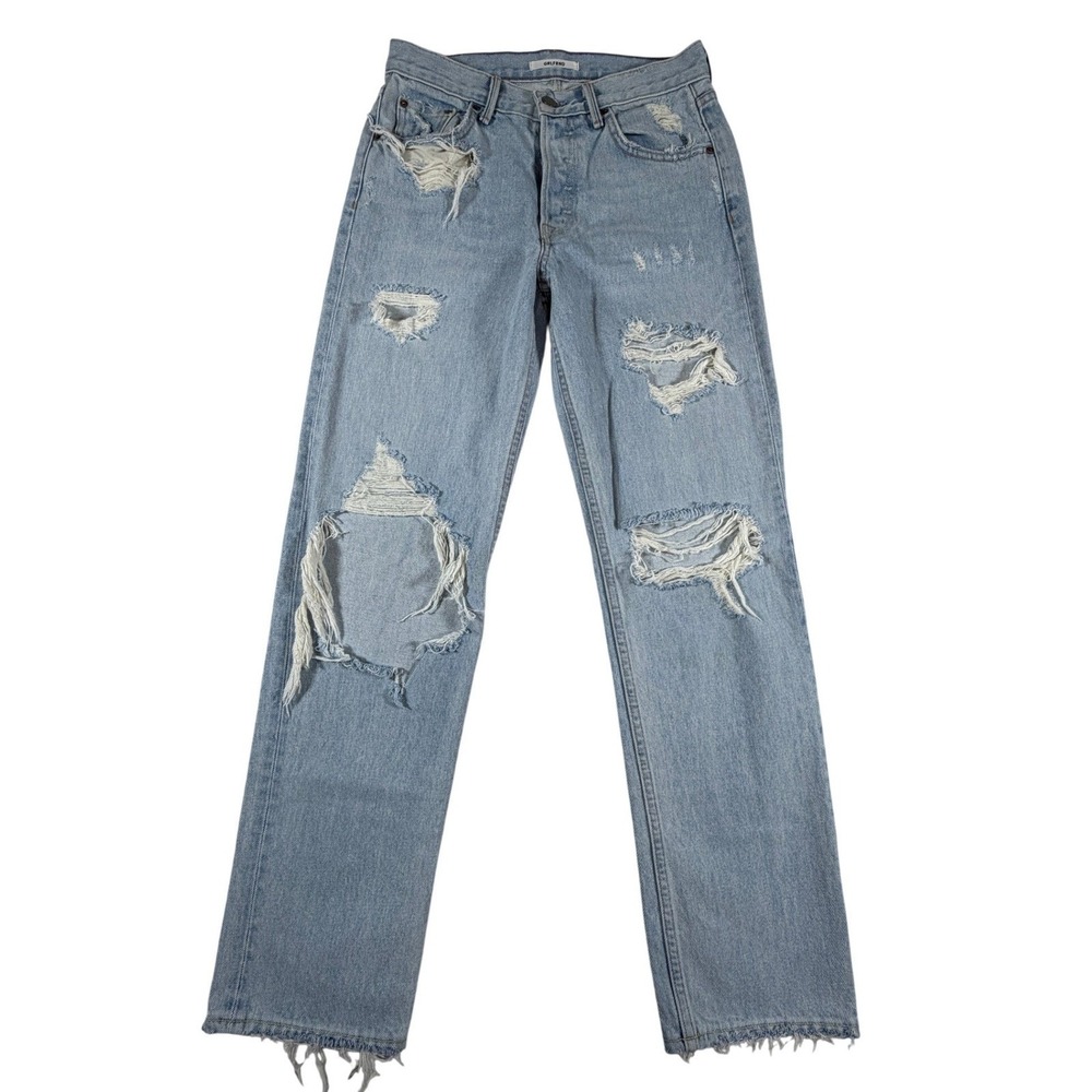 GRLFRND Helena High Rise Straight Leg Distressed Jeans Light Wash Blue USA 29